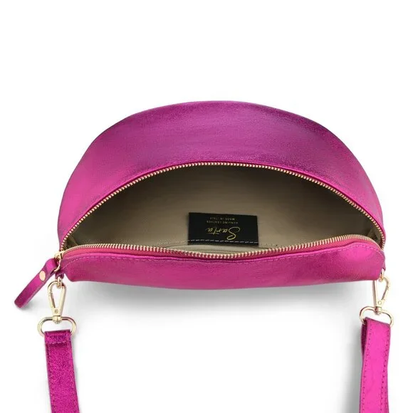 RASPBERRY METALLIC ITALIAN LEATHER HALF MOON CROSSBODY HANDBAG - Picture 4 of 4